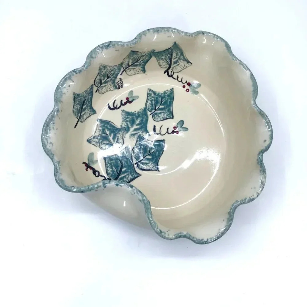 Vintage Abstract Studio Ceramic Ivy Holly Serving Bowl Artist Signed Green Red - Picture 6 of 15